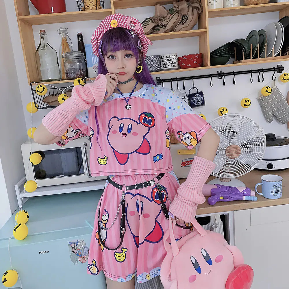 Harajuku Cute Cartoon T-Shirt and Skirt Set for Girls