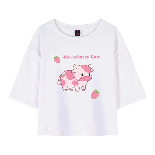 KEEVICI Girls Cute Strawberry Cow Print T Shirts Short Sleeve Crop Cotton Tops (WhiteL)