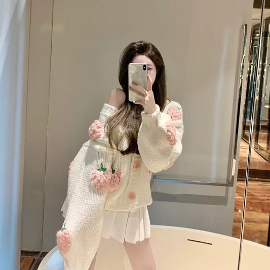 Handmade Strawberry Lantern Sleeve Warm Sweater