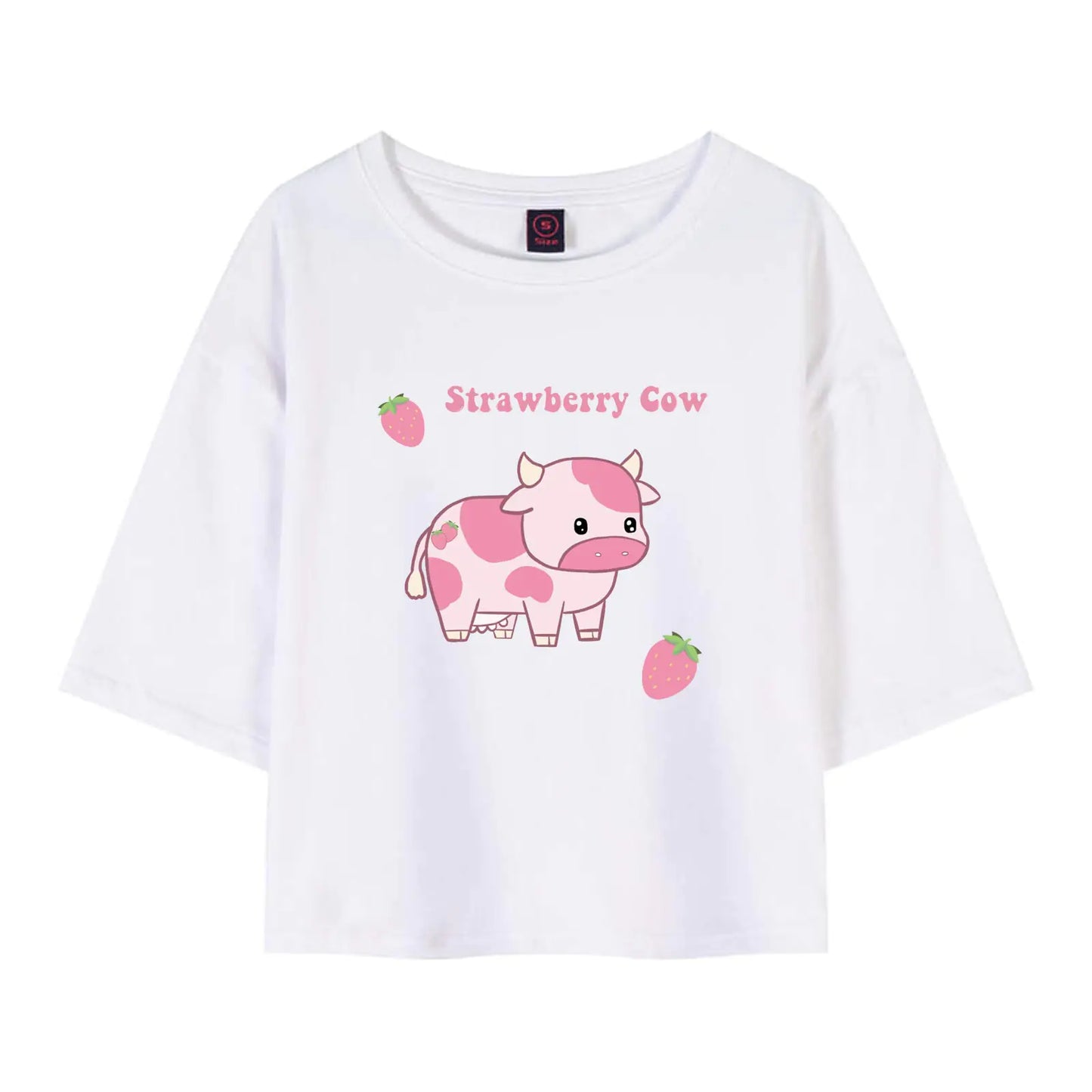KEEVICI Girls Cute Strawberry Cow Print T Shirts Short Sleeve Crop Cotton Tops (WhiteL)